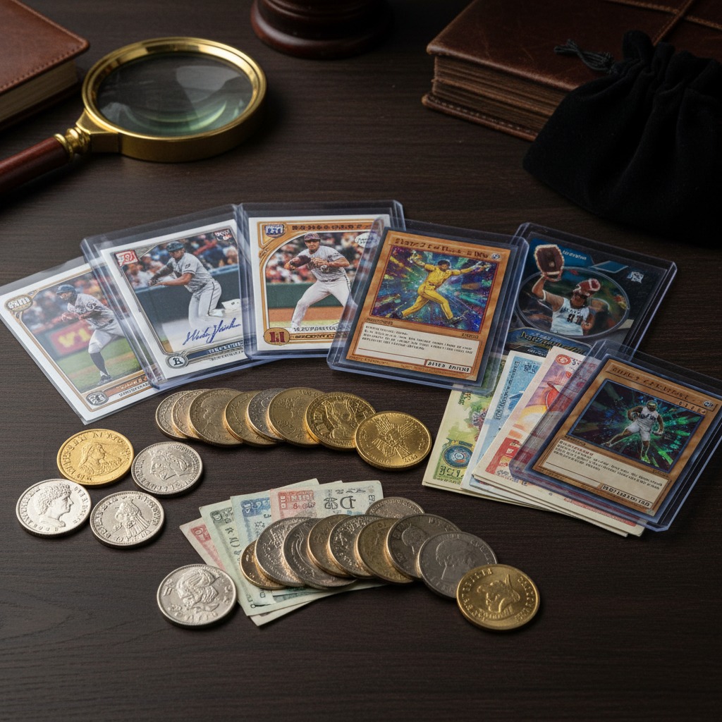 A collection of baseball trading cards in protective sleeves, assorted gold and silver coins, and paper currency are arranged on a dark wooden table next to a magnifying glass and a leather-bound book.